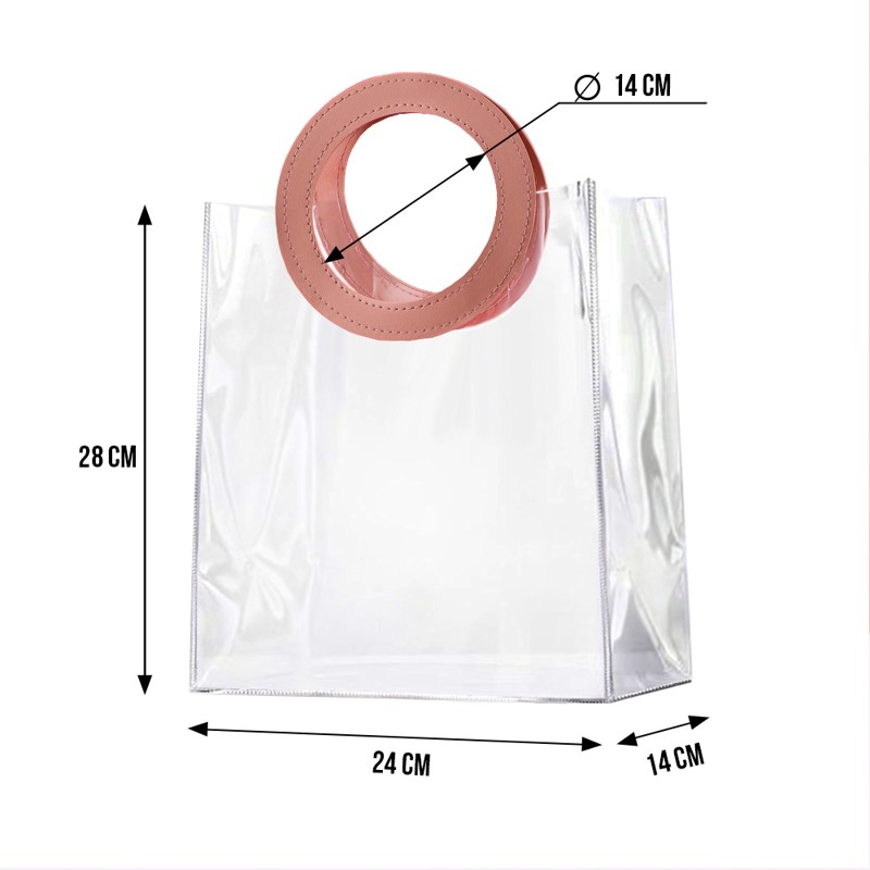 [EVEEPACK] Подарочный пакет PVC, прозрачный, розовая круглая ручка экокожа 24x28x14см, 1 шт