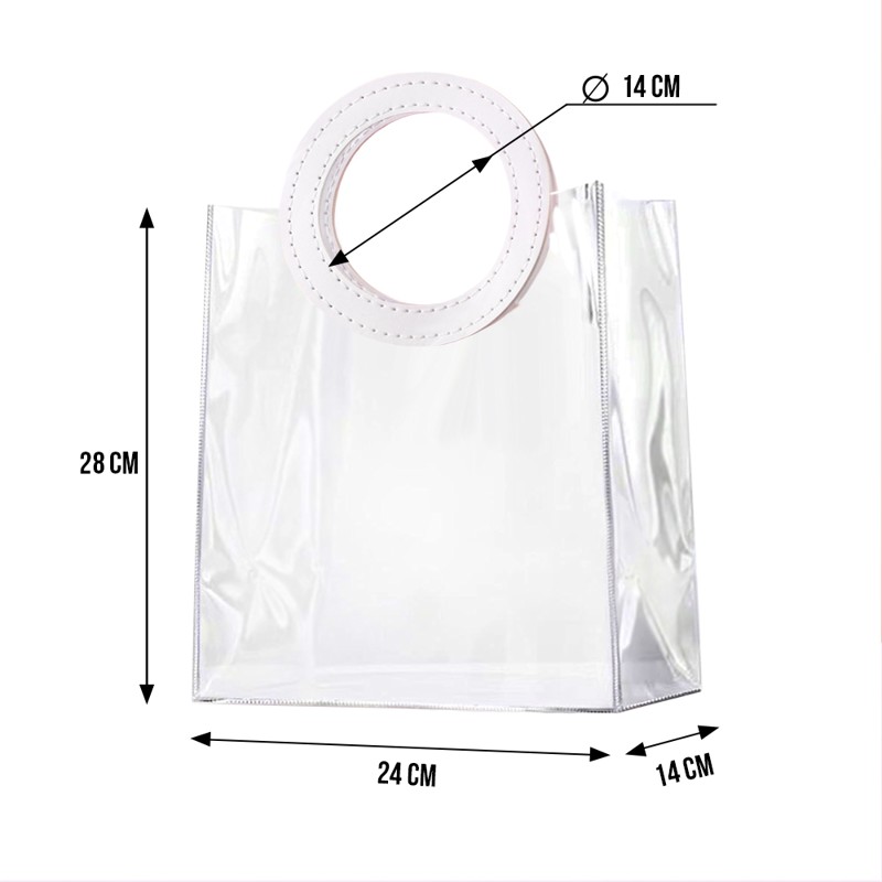 [EVEEPACK] Подарочный пакет PVC, прозрачный, белая круглая ручка экокожа 24x28x14см, 1 шт