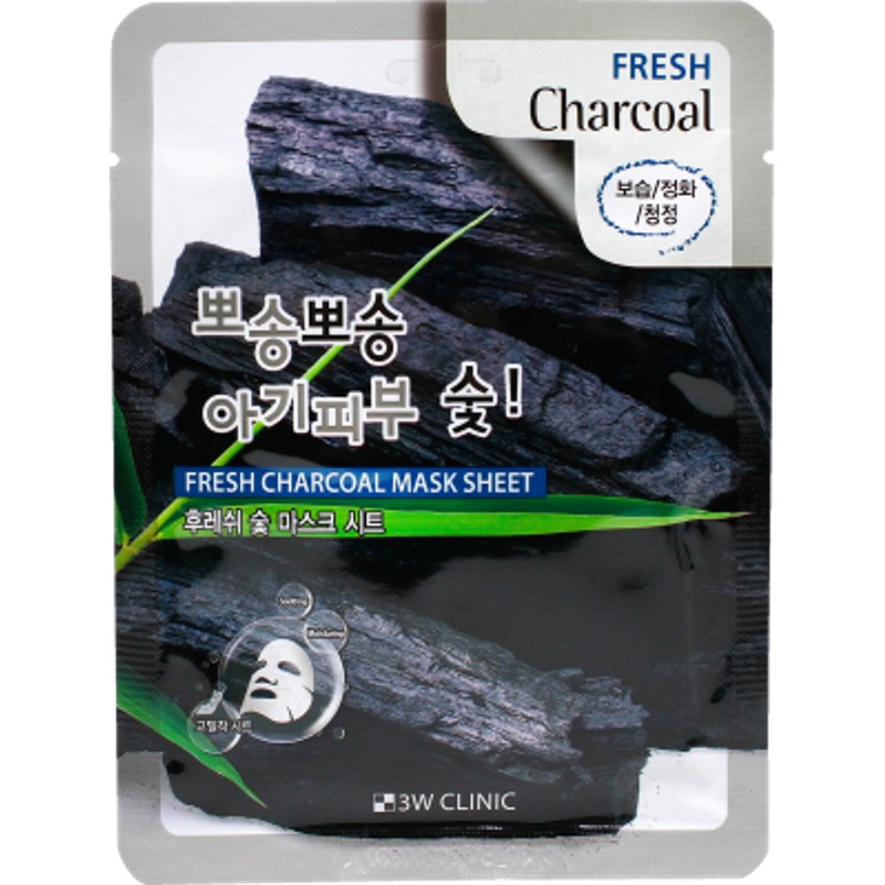 [3W CLINIC] Маска для лица тканевая ДРЕВЕСНЫЙ УГОЛЬ Fresh Charcoal Mask Sheet, 23 гр