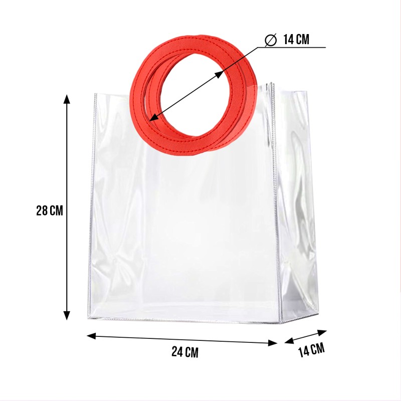 [EVEEPACK] Подарочный пакет PVC, прозрачный, красная круглая ручка экокожа 24x28x14см, 1 шт