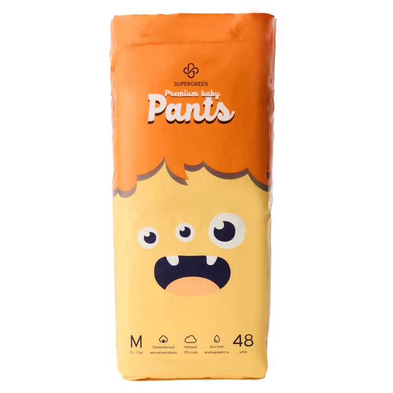 [SUPERGREEN] Подгузники-трусики для детей РАЗМЕР М (9-13 кг) Premium Baby Pants, 48 шт