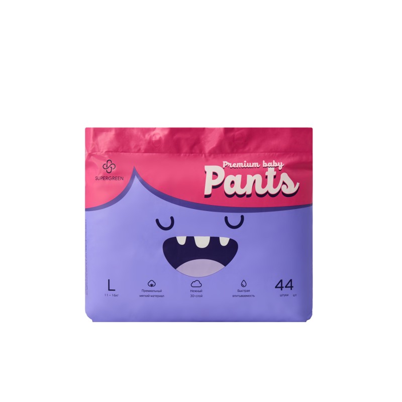 [SUPERGREEN] Подгузники-трусики для детей РАЗМЕР L (11-16 кг) Premium Baby Pants, 44 шт
