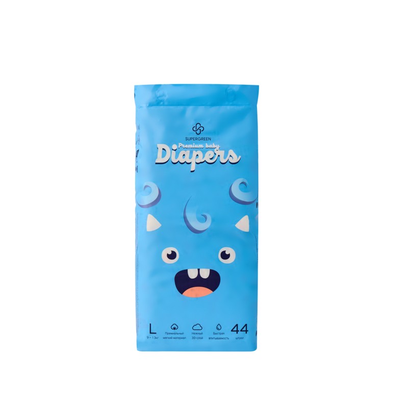 [SUPERGREEN] Подгузники для детей РАЗМЕР L (9-13 кг) Premium Baby Diapers, 44 шт
