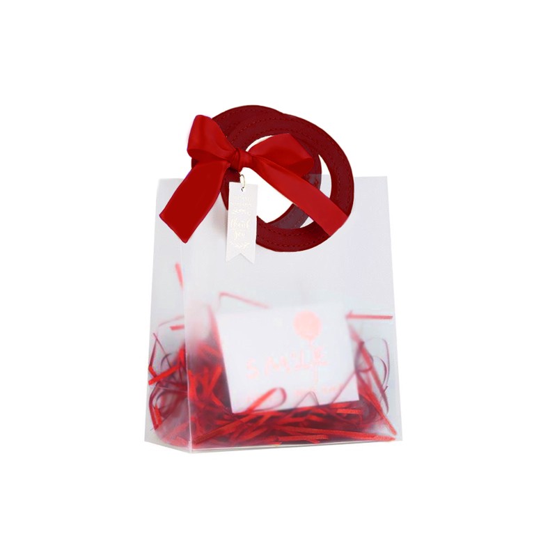 [EVEEPACK] Подарочный пакет PP, прозрачный матовый, бордовая ручка экокожа + бордовая лента и рафия + бирка и о