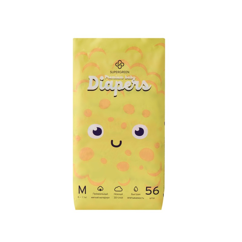 [SUPERGREEN] Подгузники для детей РАЗМЕР М (6-11 кг) Premium Baby Diapers, 56 шт