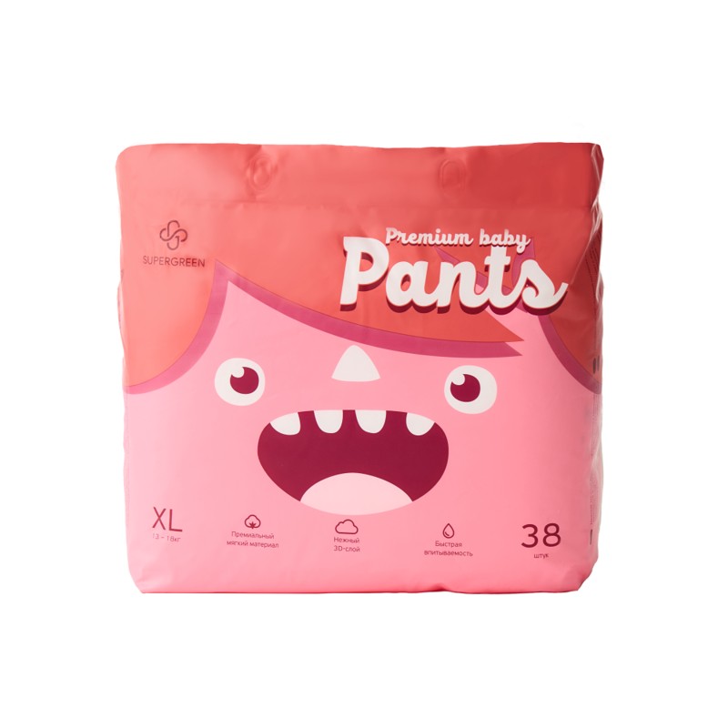 [SUPERGREEN] Подгузники-трусики для детей РАЗМЕР XL (13-18 кг) Premium Baby Pants, 38 шт