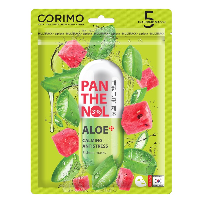 [CORIMO] Маска для лица тканевая ALOE-PANTHENOL липидовосстанавливающая, 5 шт*70 г