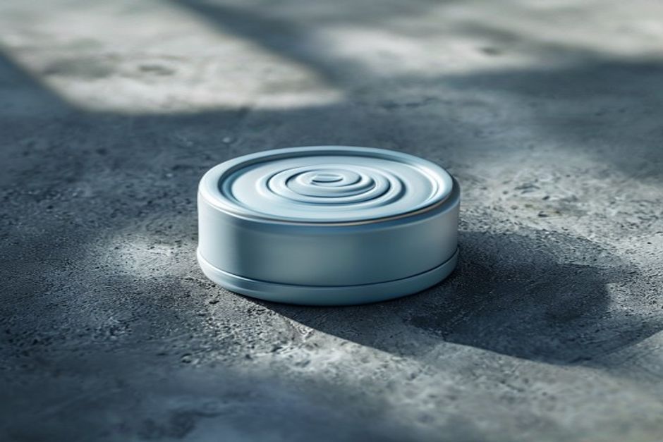 Editorial close-up macro shot. A single unmarked collapsible water bottle cap and silicone fold texture on a clean concr