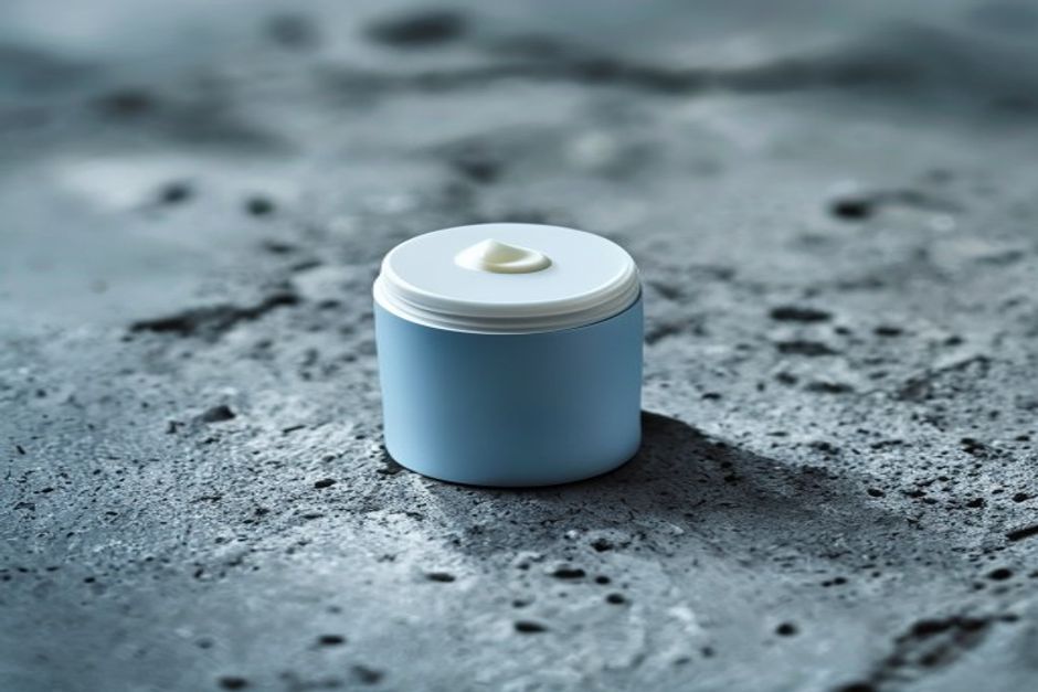 Editorial close-up macro shot. A single unmarked mini hand lotion tube with a tiny cream droplet on a clean concrete sur
