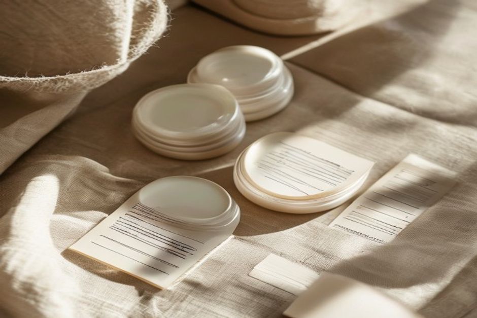 Atmospheric close-up of unbranded cosmetic jars and checklist notes on linen with gentle light play