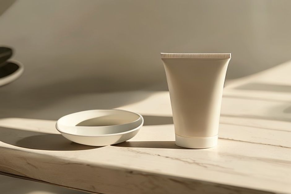 Minimalist tabletop composition. A single unmarked skincare tube with matte cap on a wooden vanity next to a small ceram