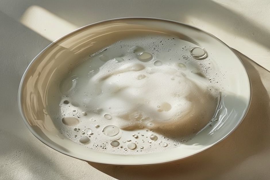 Minimal still life of cleanser foam texture and water droplets on ceramic tray