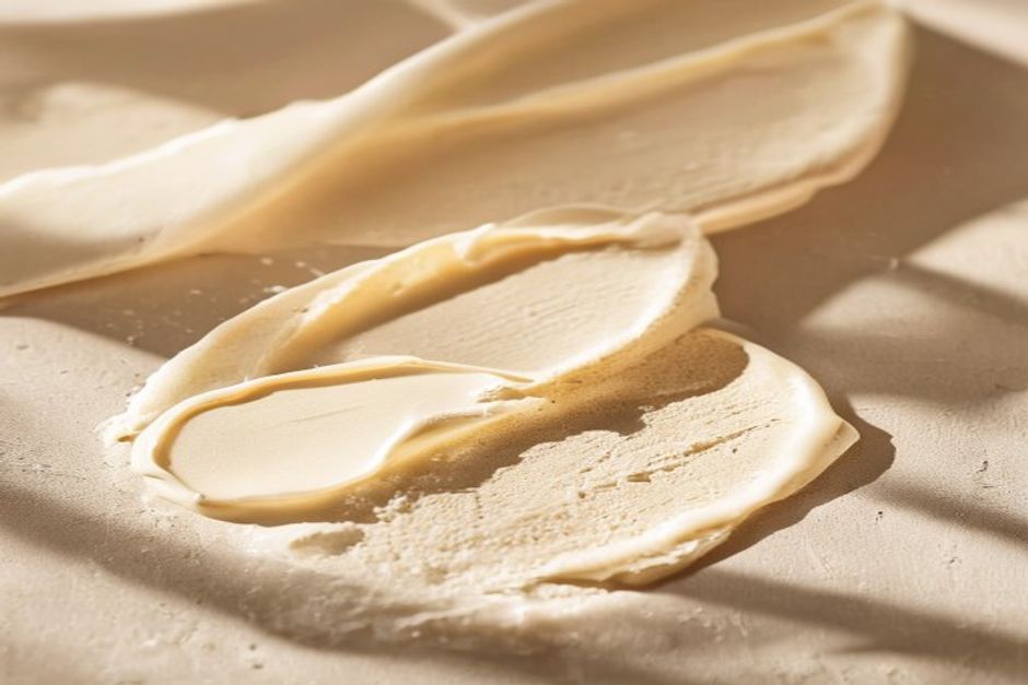Close-up of creamy sunscreen texture swatches on neutral ceramic surface