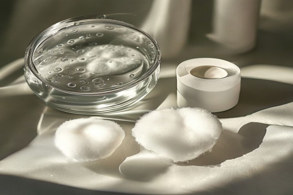Close-up still life of water droplets and cotton pad beside an unbranded toner container