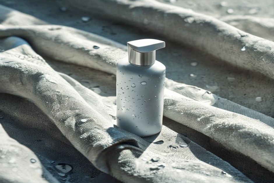 Editorial close-up macro shot. A single unmarked travel-size leave-in hair spray bottle with sea-salt droplets on a fold