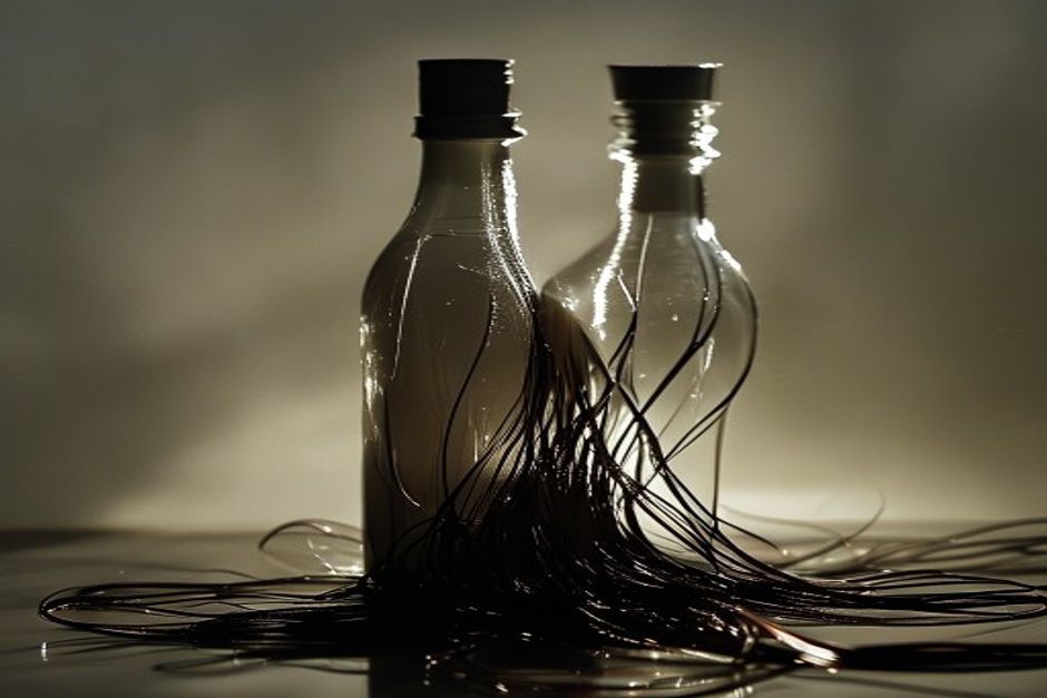 Close-up still life of glossy hair strands with a misted unbranded bottle silhouette
