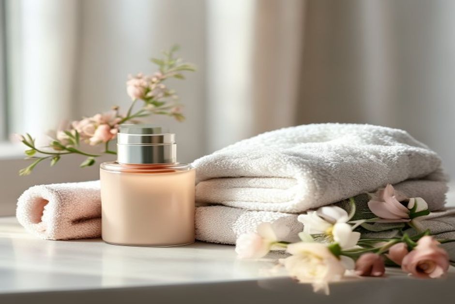 Photorealistic close-up beauty still life with one unlabeled foundation bottle beside a folded neutral towel