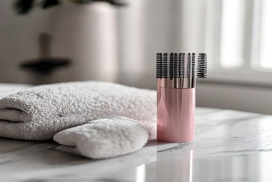 Photorealistic close-up beauty still life of an eye mascara spoolie: dense black spiral bristles in sharp focus on a mar