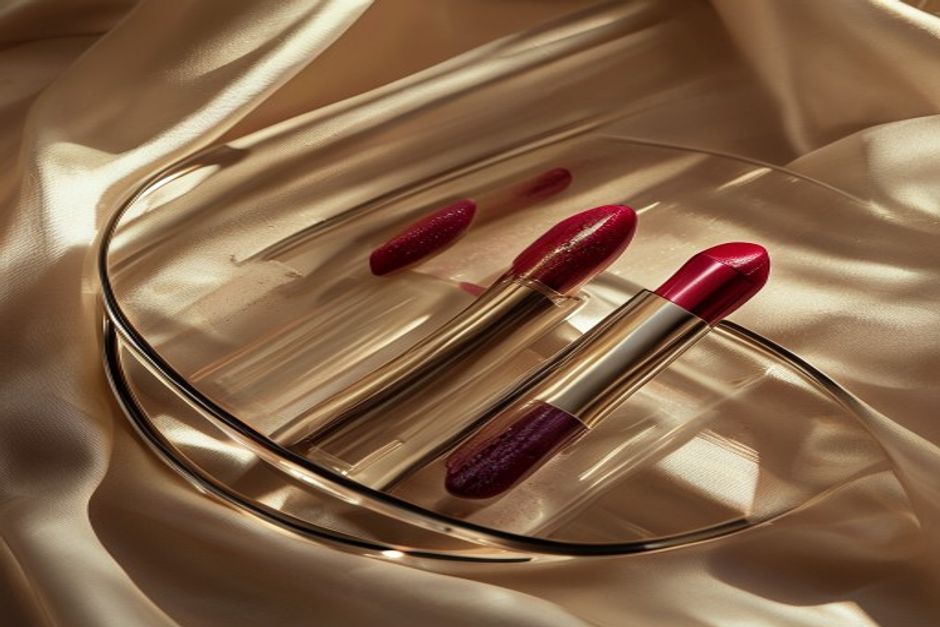 Close-up editorial still life of neutral and berry lipstick smears on glass palette with silk texture and warm light pla
