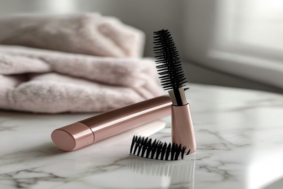 Photorealistic close-up beauty still life of an eye mascara spoolie: dense black spiral bristles in sharp focus on a mar