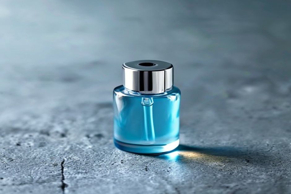 Editorial close-up macro shot. A single unmarked mini glass cuticle oil bottle with brush cap on a concrete surface mode