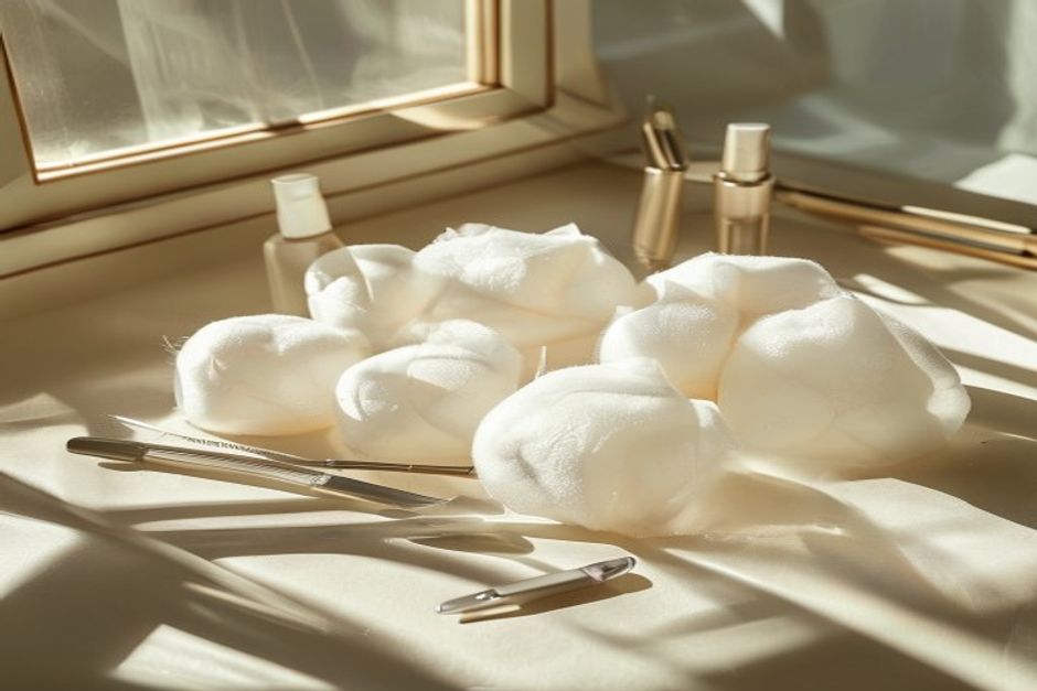 Close-up still life of cotton pads soaked with clear remover beside manicure tools