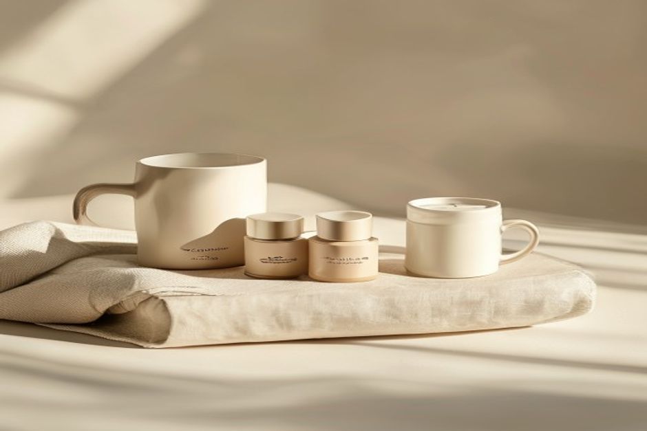 Product photography on a clean surface. A compact unmarked beauty gift set with two mini unlabeled skincare items on fol
