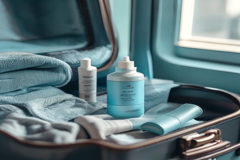 Close-up of travel-size bottle in open suitcase