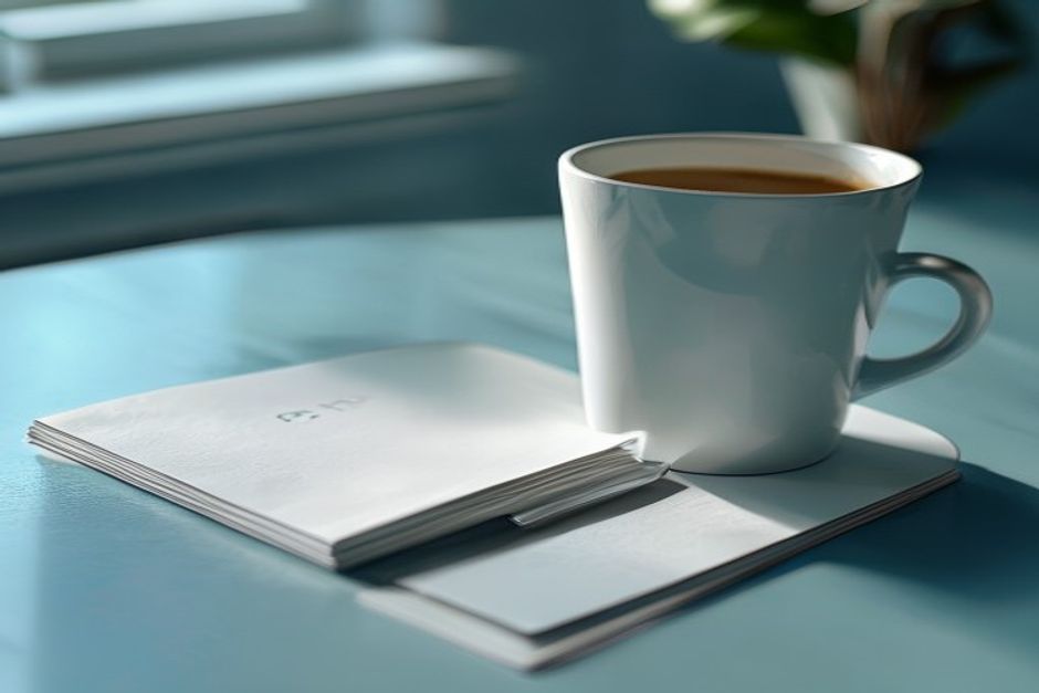 Editorial close-up macro shot. A single unmarked blotting paper booklet and a plain SPF stick next to a ceramic coffee c