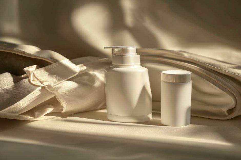 Close-up still life of unbranded cleanser bottle
