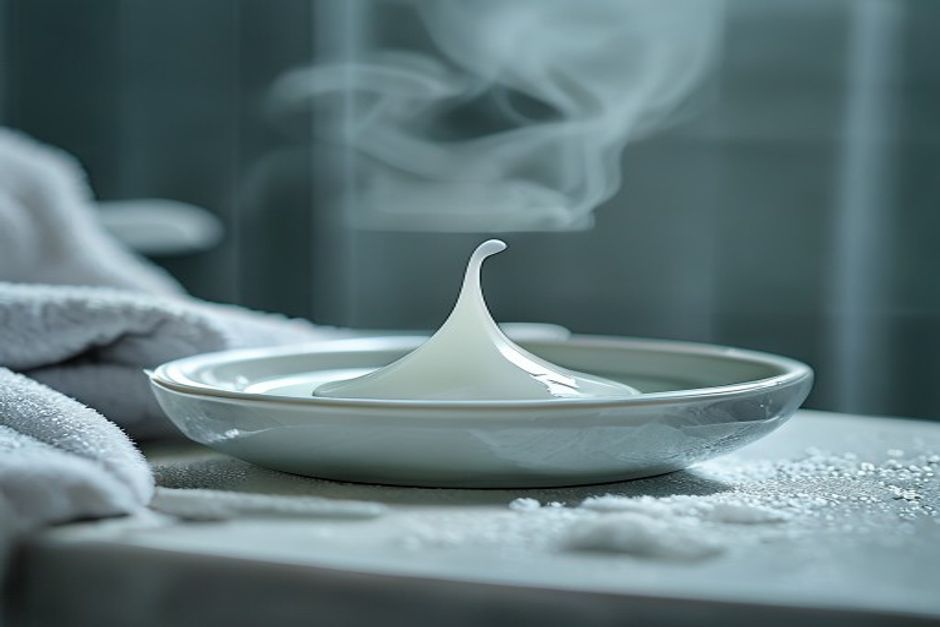 Editorial close-up macro shot. Single unmarked lotion drop on a ceramic dish beside a clean towel in bathroom scene show