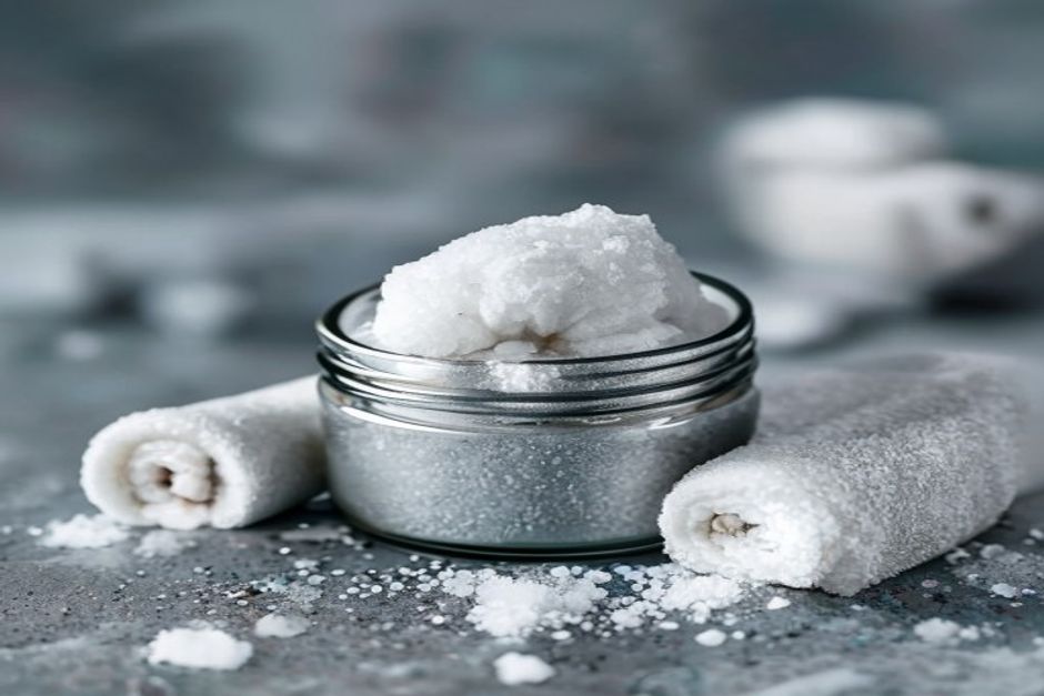 Editorial close-up macro shot. A single unlabeled bath salt jar and rolled cotton towel for a Sunday self-care ritual af
