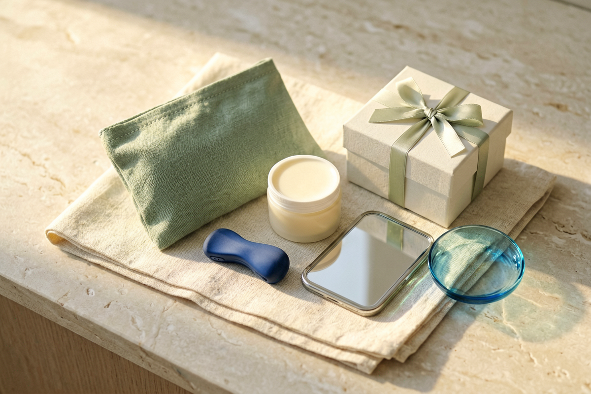 Photorealistic product still life. On folded cotton placed on a pale stone countertop