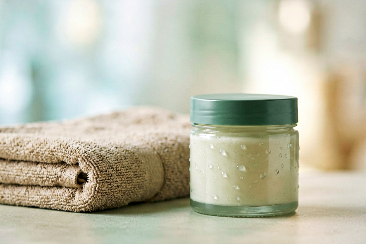 Category anchor: unlabeled body balm bottle. Photorealistic close-up beauty still life with one unlabeled body cream jar