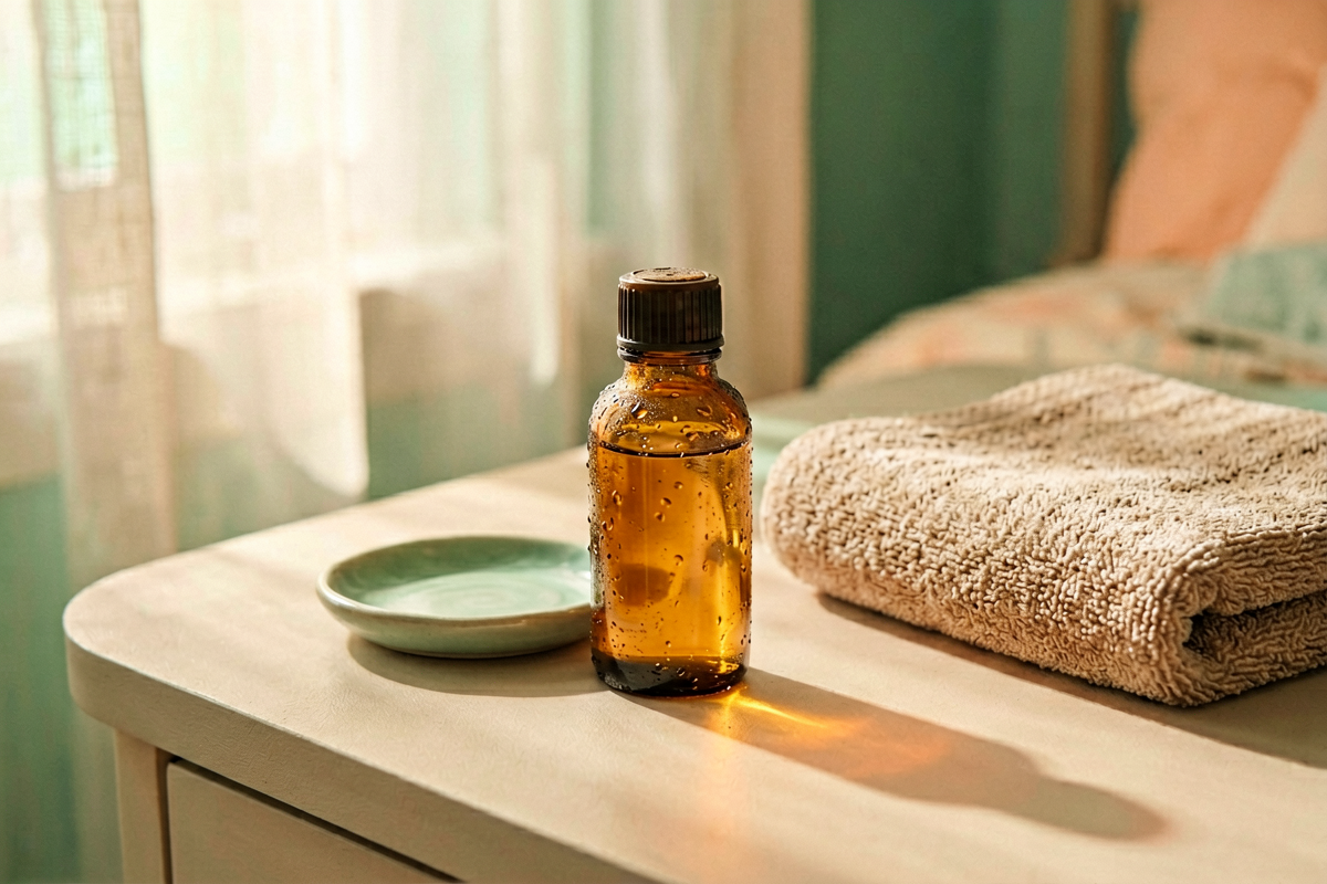 Topic anchor object: evening home essential oil bottle. Photorealistic close-up still life of one small unlabeled amber 