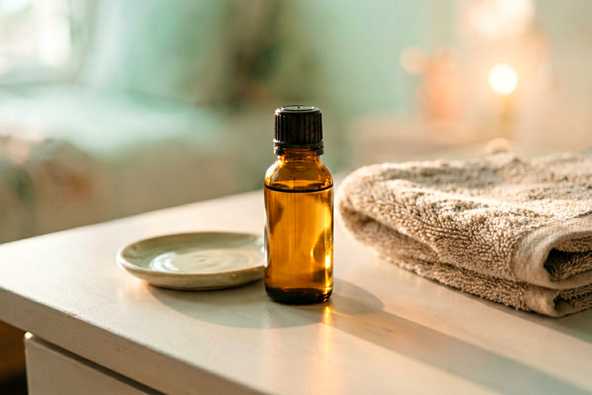 Topic anchor object: evening home essential oil bottle. Photorealistic close-up still life of one small unlabeled amber 