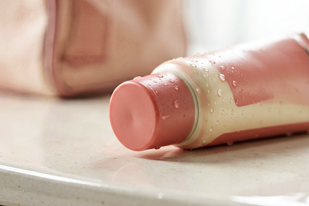 Editorial close-up macro shot. A single unmarked hand-lotion tube cap and upper body on a light vanity surface with a so
