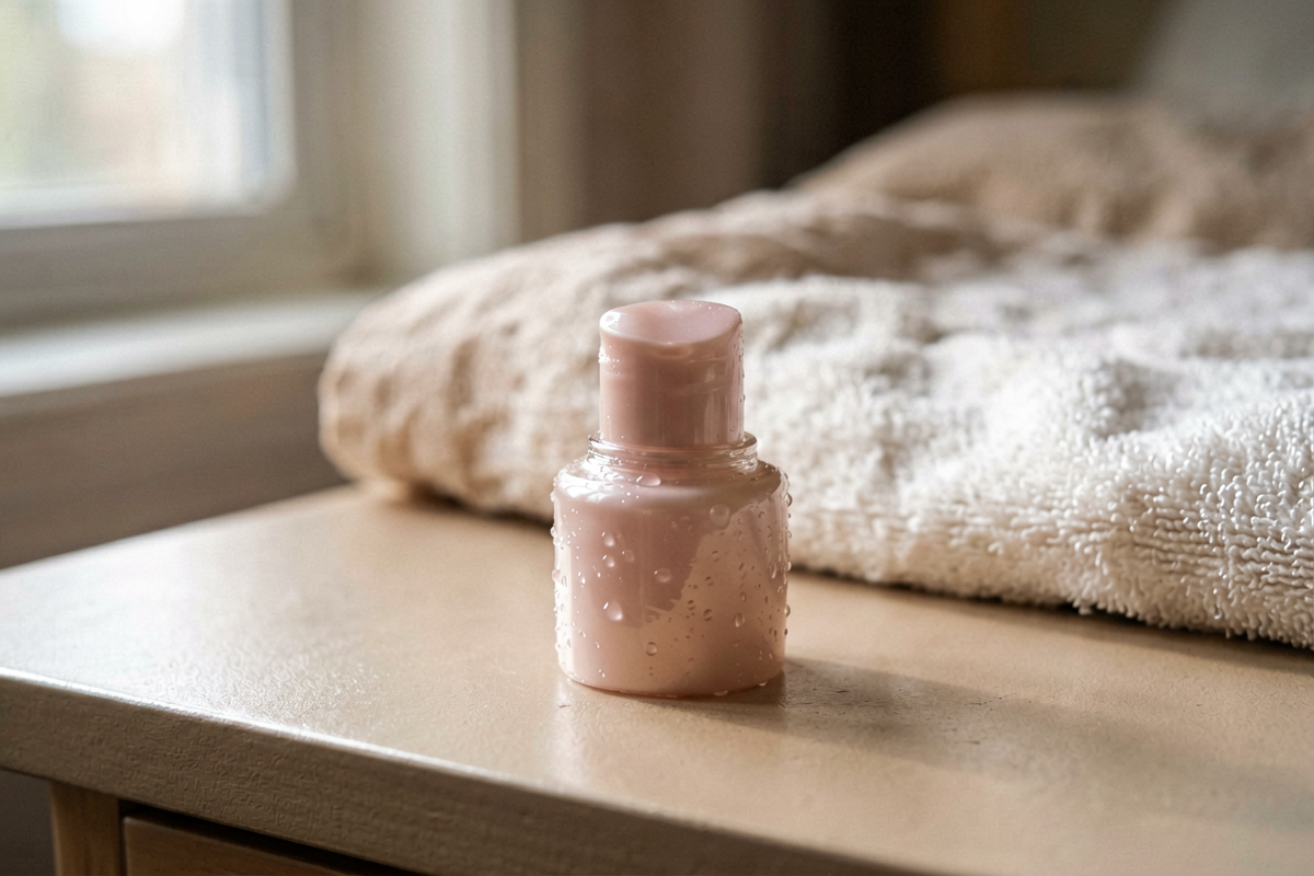 Close tabletop still life of one unmarked hand-lotion pump or tube cap on a bedside surface with linen in the background
