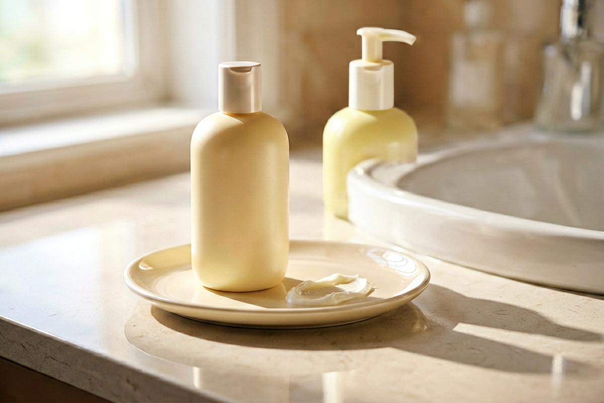 Editorial close-up macro shot. A blank hand-lotion bottle beside a small cream smear on a ceramic dish near a sink edge