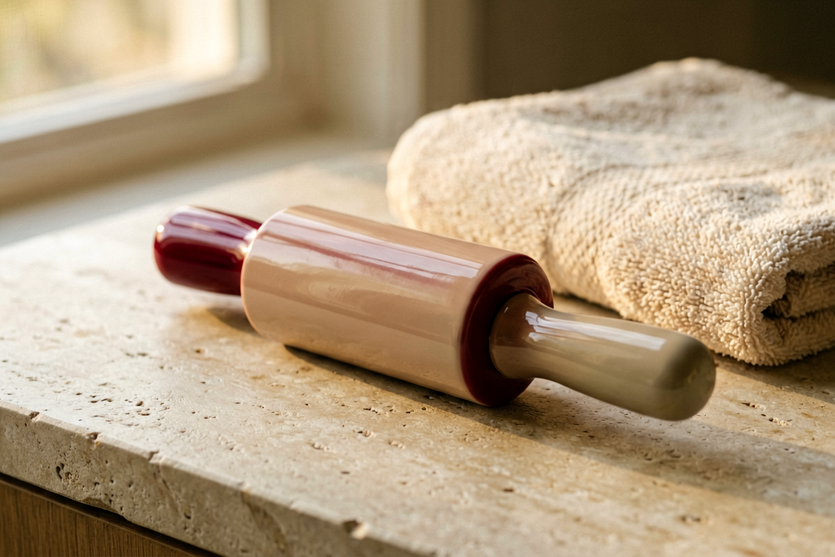 Topic anchor object: smooth massage roller. Photorealistic close editorial still life of one unlabeled smooth massage ro