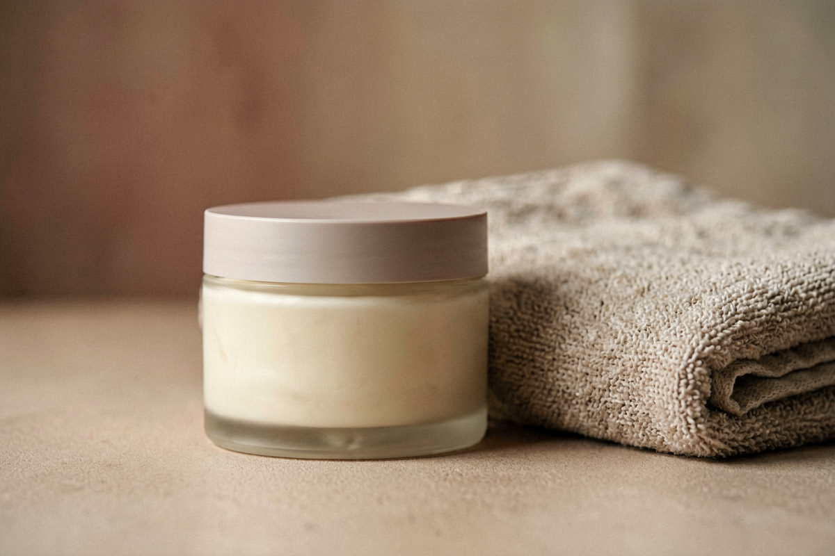Topic anchor: Крем для тела. Photorealistic close-up beauty still life with one unlabeled body cream jar beside a folded