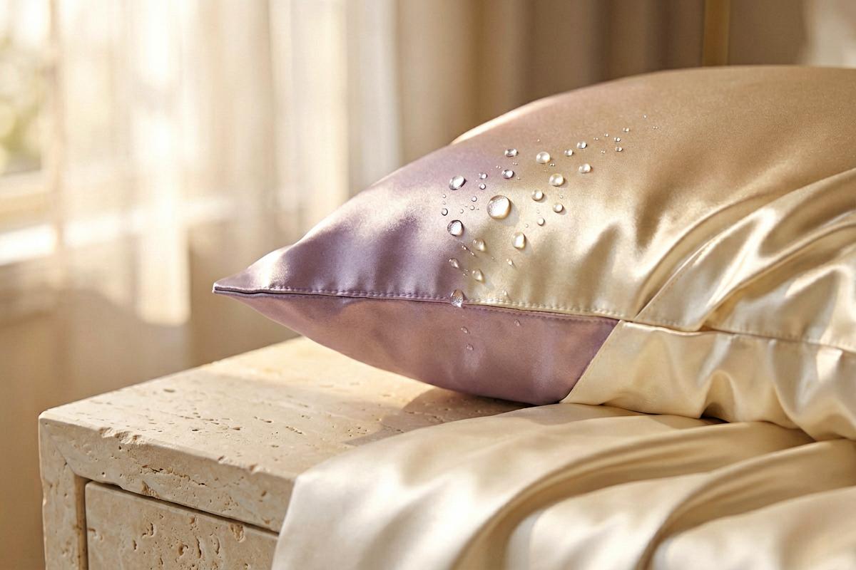 Photorealistic close still life of a silk pillowcase edge and elegant fabric folds on clean bedding on a pale stone beds