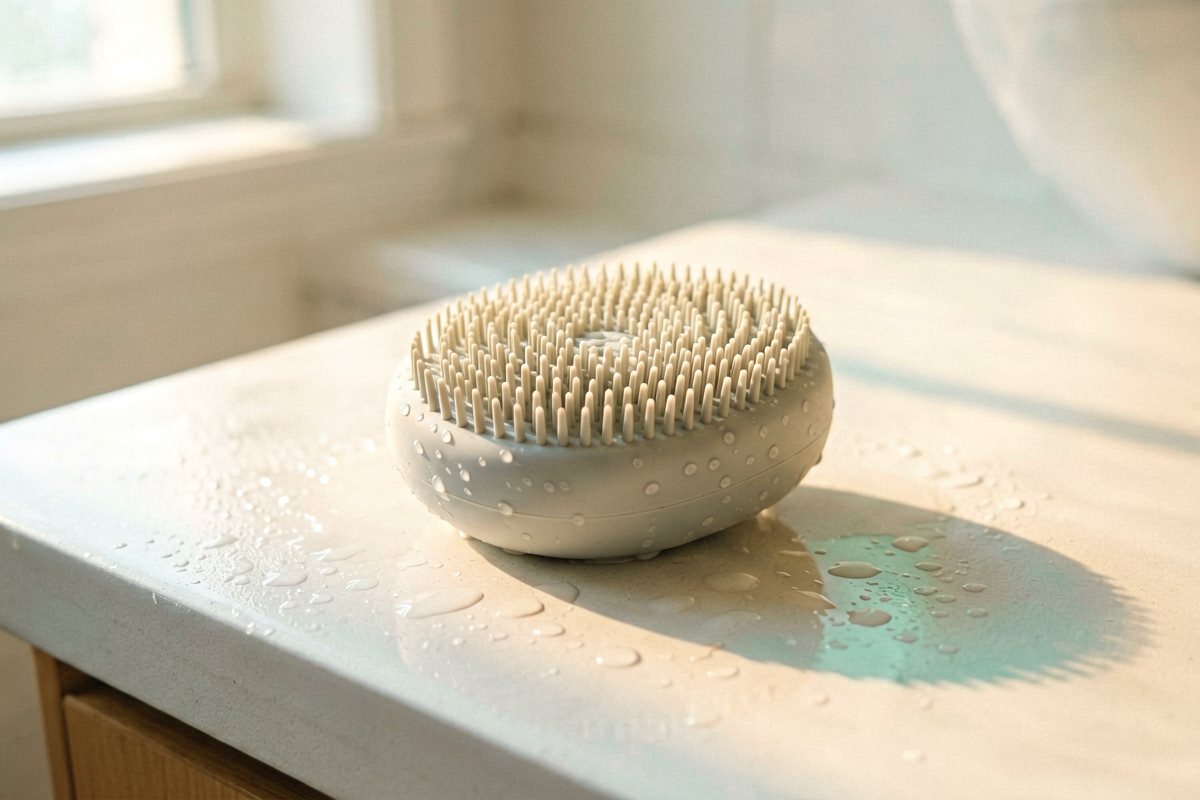 Topic anchor object: a single silicone shower body brush for dry body brushing in the shower. Photorealistic close-up st