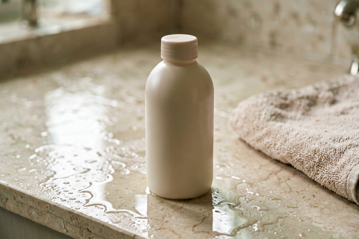Close-up product photography of one unmarked body milk bottle from the same visual family on a light stone tabletop with