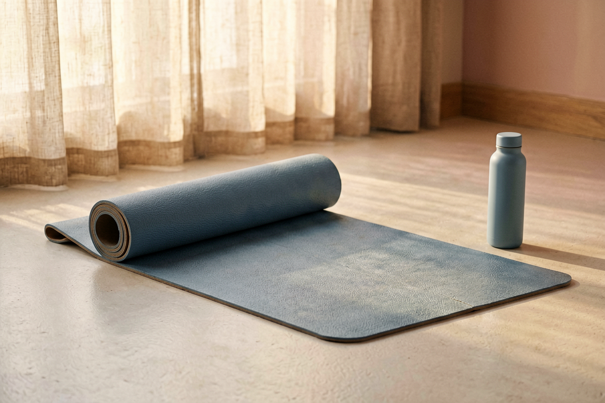 Category anchor: yoga mat / stretching mat / partially unrolled slim mat. Photorealistic close editorial still life of o
