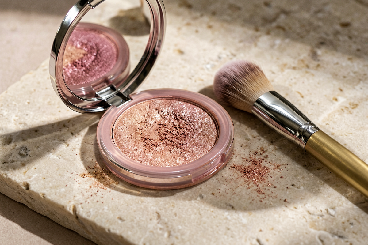 Topic anchor object: shimmer bronzer powder texture with compact and brush for evening makeup. Photorealistic close stil