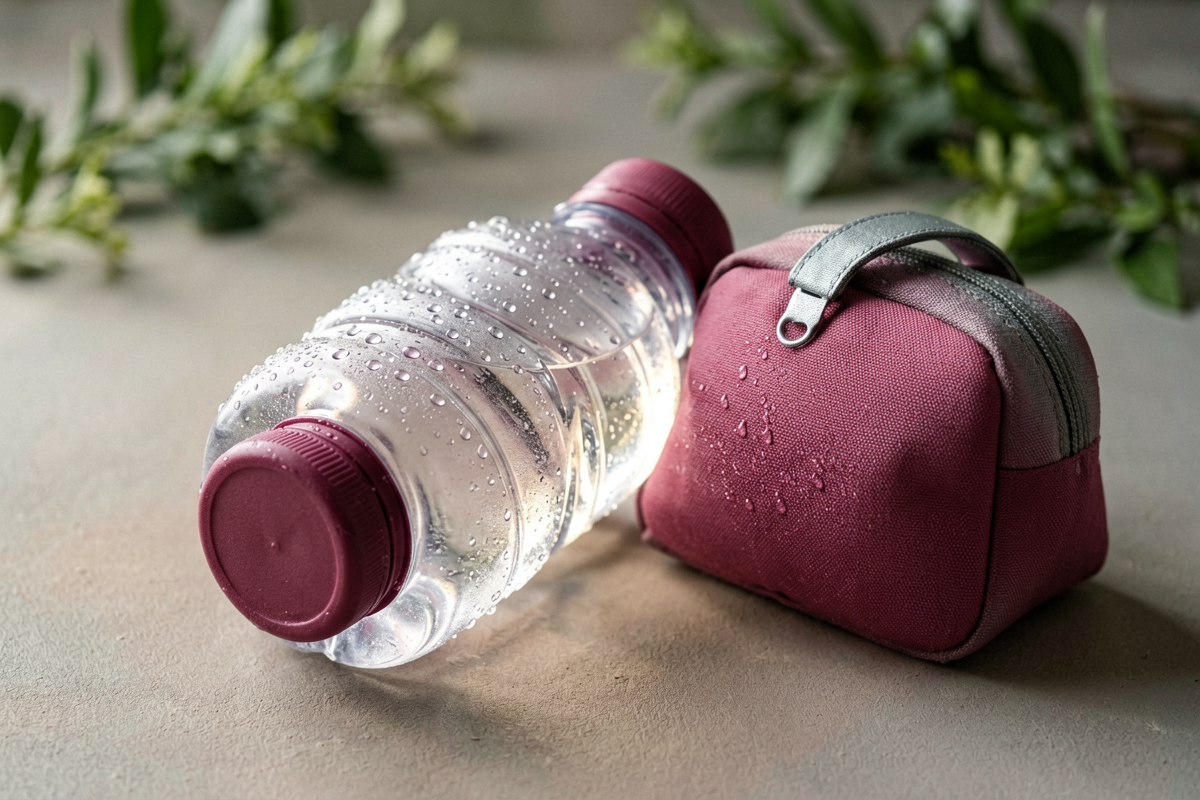 Topic anchor object: folded water bottle detail. Photorealistic close-up still life of one folded unlabeled water bottle