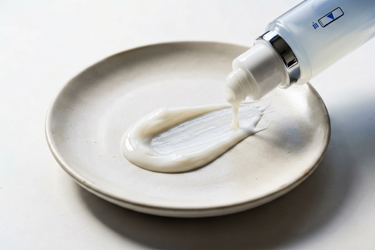 Topic anchor: лосьон для тела после душа. Photorealistic macro still life of a smooth lotion swipe on a matte ceramic pl