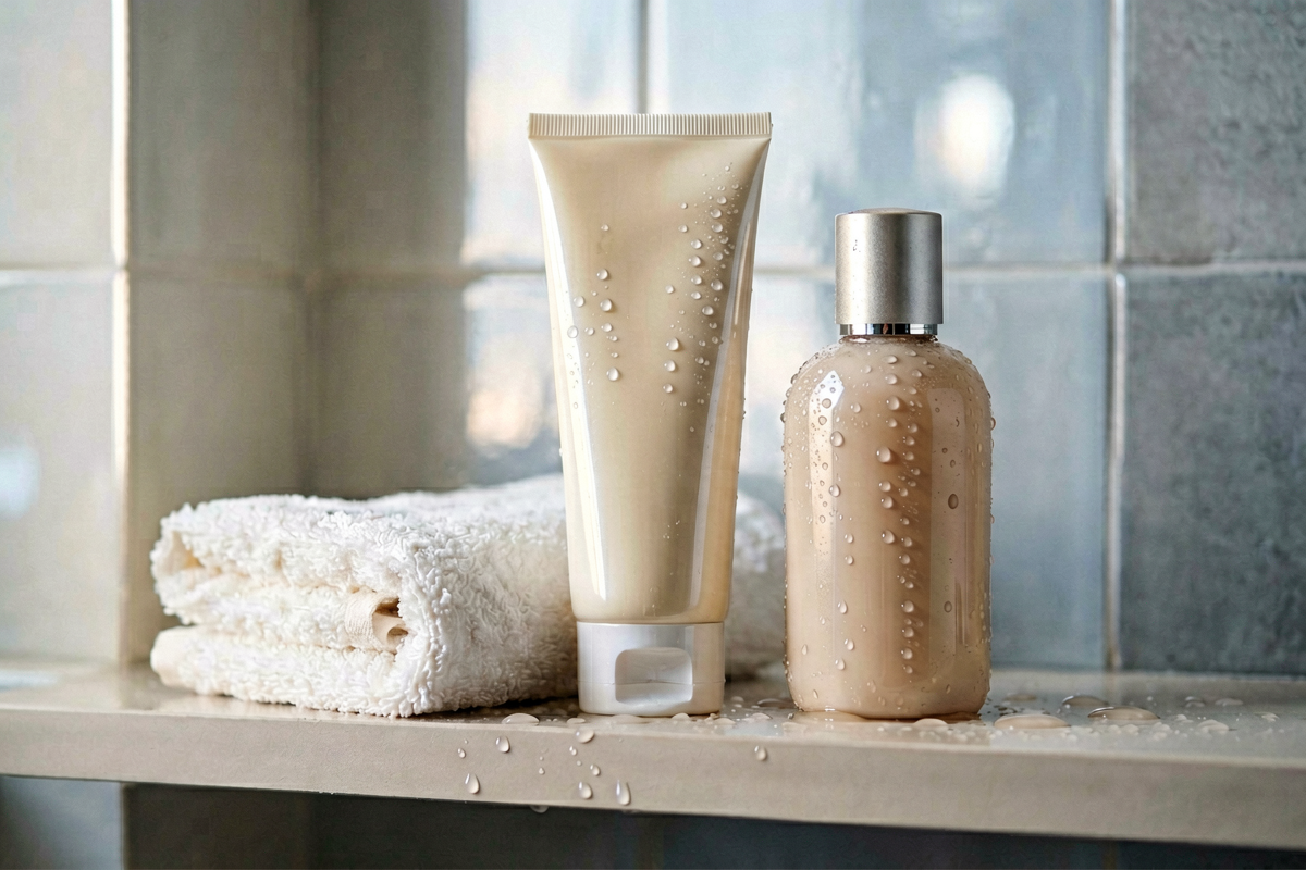 Shower kit anchor. Photorealistic close-up still life with a compact towel
