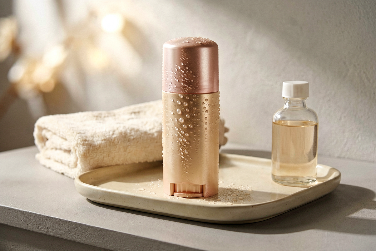 Topic anchor object: gentle deodorant roller for sensitive skin. Photorealistic close-up still life of a plain deodorant